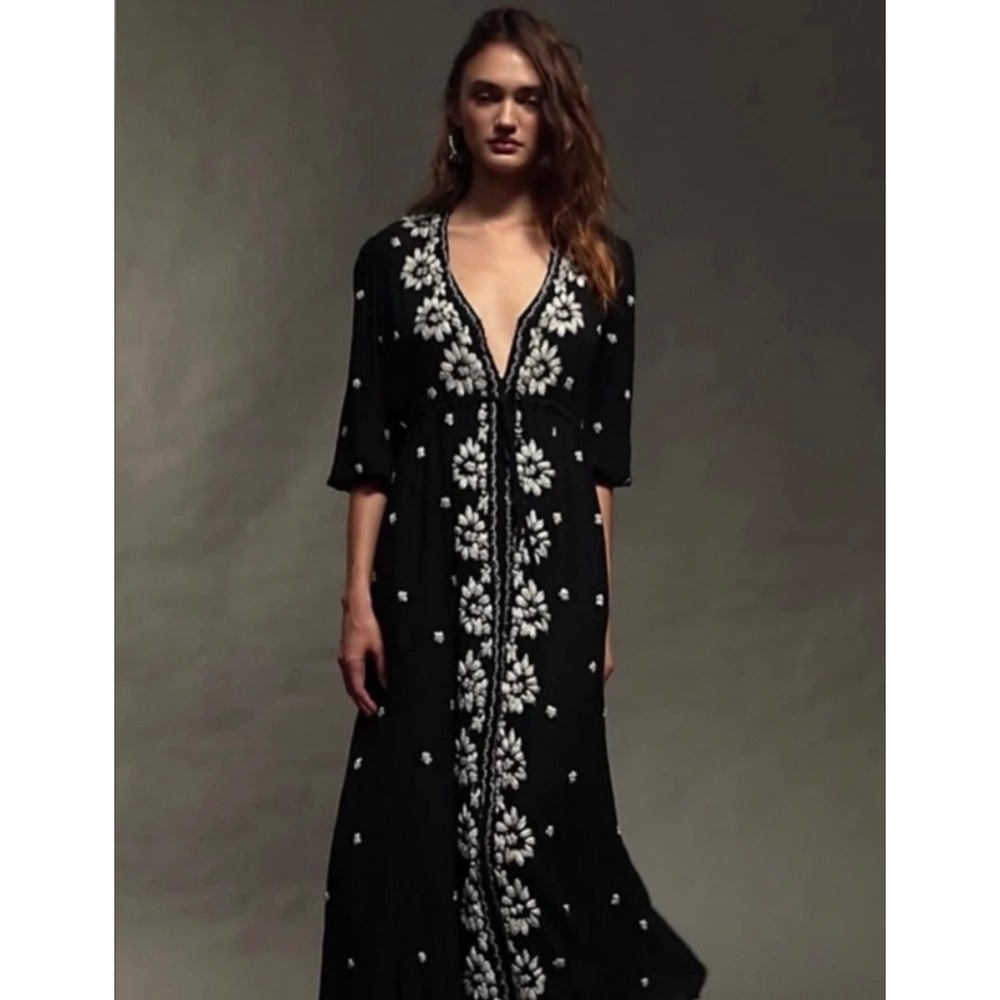 Free People Fable Embroidered Maxi Dress midi Floral Boho indie festival western